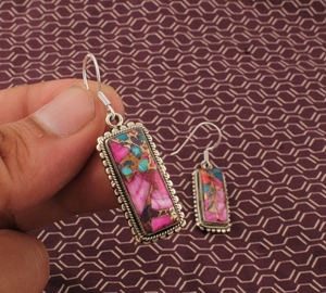 Pendientes de piedras preciosas rectangulares hechos a mano, Pendientes colgantes bohemios de Plata de Ley 925 con incrustaciones de turquesa rosa y cobre - Product Image 5