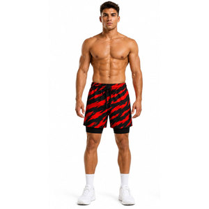 Shorts de bain pour homme à séchage rapide, imprimé géométrique rouge et noir, taille à cordon de serrage, décontractés, 100 % polyester - Product Image 4