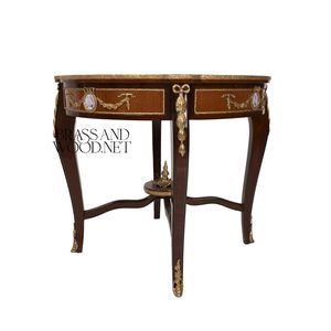 Mesa Auxiliar Redonda de Lujo con Marquetería Floral Incrustada y Detalles Ornamentales de Latón Dorado para Decoración Interior de Hogar Clásico - Product Image 5