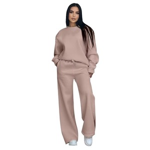 Automne hiver Logo personnalisé de haute qualité couleur unie femmes col rond à manches longues pantalon à jambes larges coupe décontractée femmes deux pièces ensemble - Product Image 4