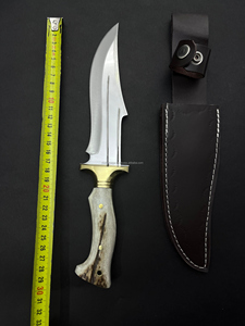 Cuchillo de Caza y Camping con Mango de Cuerno de Ciervo, Hoja Parcialmente Dentada de Acero Inoxidable 4116, con Funda de Cuero, Garantía de 3 Años - Product Image 1