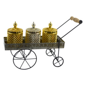 Ensemble de trois pots à biscuits en verre et en métal, finition plaquée et peinte, décoration d'intérieur, pots à servir pour aliments - Product Image 1