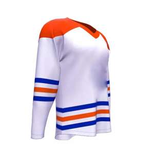 Maillot de hockey blanc orange bleu vierge personnalisé sublimé uniforme d'équipe col en V manches longues design rayé classique vêtements de sport - Product Image 2