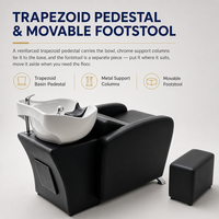 Fauteuil de coiffure noir jais avec coussin, dossier ergonomique, pieds chromés, cuvette blanche polie, appui-tête matelassé et repose-pieds mobile