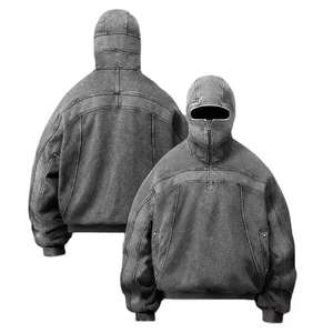 Sudadera con Capucha Corta Estilo Urbano, Personalizada, de Peso Pesado, Vintage, Lavada al Ácido, con Logotipo Serigrafiado, Diseño de Ninja Enmascarado y Cierre de Cremallera - Product Image 1