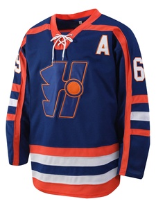 Maillot de hockey sur glace personnalisé pour hommes, bleu et orange, sublimation, uniforme d'équipe, nom et numéro personnalisés, style professionnel, maillot de hockey en twill. - Product Image 6