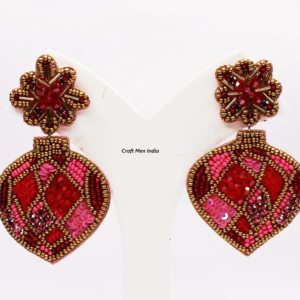 Handmade Classic Style Green Christmas Tree Embroidery Earrings with Glass Beads Holiday Jewelry From India - Product Image 1