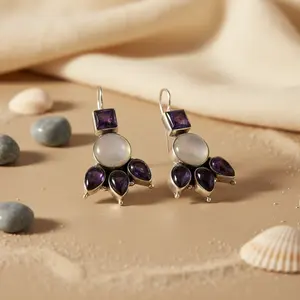 Boucles d'oreilles en cristal, argent 925, pierre de lune et améthyste pour femmes - Product Image 2