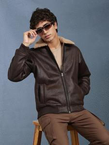 Veste bomber à capuche en cuir véritable marron pour homme, style vintage, vêtement d'extérieur décontracté, doublure en polaire zippée, chaud pour l'hiver - Product Image 2