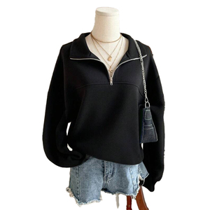 Sweat-shirt à capuche en tricot jacquard délavé à l'acide pour femmes noires, en molleton de coton, respirant, anti-froissement, streetwear d'automne - Product Image 1