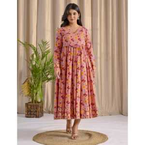 Vestido Largo Angrakha Rosa con Estampado Jaal, Elegante, Cintura Imperio, Impresión Digital, 100% Algodón, Largo hasta el Suelo, Talla XL, para el Día - Product Image 4