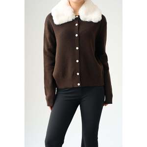 Coffee Faux Fur Collar <b>Cardigan</b> - Product Image 1