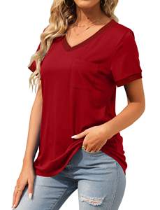 Camisetas de algodón de manga corta con logotipo personalizado para mujer, cuello en V de color sólido para verano, venta al por mayor de fábrica - Product Image 6