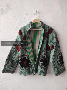 Wholesale Blue Floral Embroidered <b>Velvet</b> Knitted Eco-Friendly Cotton Jacket for <b>Women</b> Handmade Suzani Ethnic Style Winter <b>Coat</b> - Product Image 6