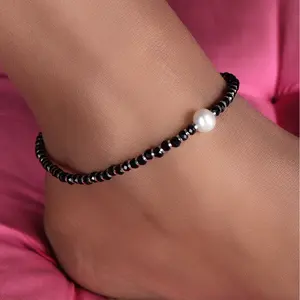 Tobilleras de Cuentas Negras con Detalles de Perlas, Estilo Bohemio, Joyería para Pies de Mujer, Tecnología de Incrustación Personalizada con Diamantes, Pulsera con Número - Product Image 2