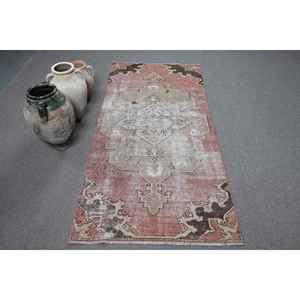 Alfombra Turca Vintage, Alfombra Decorativa de 3.2x6.9 pies, Alfombra de Lana Roja Marrón con Diseño de Plantas y Árboles - Product Image 1