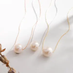 925 Sterling Silver Single Freshwater Pearl Silver Chain Necklace, Floating Pearl Necklace is June Birthstone.