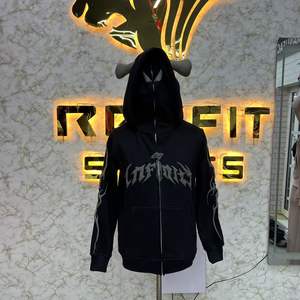 Sudadera con capucha y cremallera negra recién llegada con diseño popular al por mayor, chaqueta con cremallera de diamantes de imitación, ropa de calle polar con lavado ácido para hombre, Sudadera con capucha - Product Image 3
