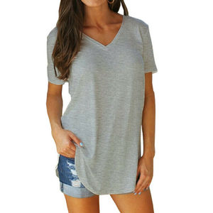 Femmes décontracté été hauts mode col en V à manches courtes tunique T-Shirt ample Blouse ourlet incurvé respirant coton impression personnalisée - Product Image 6
