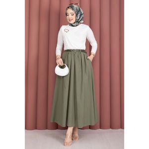 Sporty Khaki Summer Pleat <b>Skirt</b> with Belt Pockets Breathable Cotton Size XS Short Length Plain Style with Print Decoration - Product Image 1