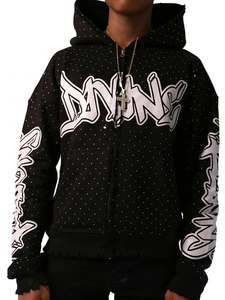 Custom Logo Wholesale Oversized <b>Black</b> Zipper Hoodie for <b>Men</b> 100% Cotton High Quality GSM Streetwear Allover Rhinestones Hoodie - Product Image 5