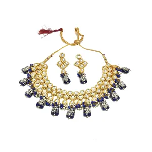 Blue Kundan <b>Studded</b> Three-Layer Necklace Set with Pear Cut Diamonds for Weddings - Product Image 4