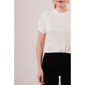 Lustrin Women's Ribbed Short Sleeve Shiny White Blouse - Wholesale Polyester Knit <b>Top</b> for Casual Wear - Product Image 3