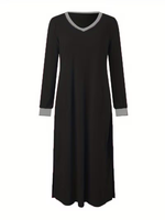 Chemise de nuit longue pour femme, col en V, fendue, avec poches, design color block contrastant, taille élastique, 100 % coton