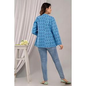 <b>Feather</b>-Decorated Women's Short Blue Quilted Jacket-Boho Style Floral Pattern Winter Coating XL Size - Product Image 2