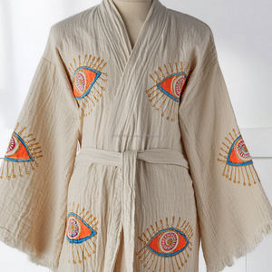 Bata de baño unisex de algodón de lujo con estampado de bloques, ligera, de lino tejido, transpirable, para primavera, verano y todo el año, ropa de dormir y de descanso. - Product Image 3