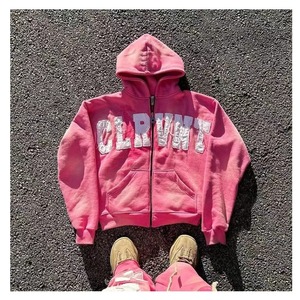 Custom Logo Streetwear Oversized Acid Washed Heavyweight Zip up Hoodie Distressed Letter <b>Patch</b> Work Embroidery Zip up Hoodies - Product Image 1