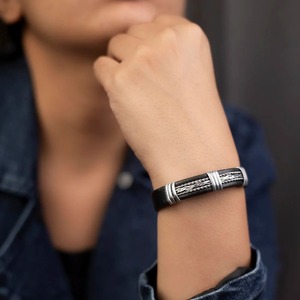 Copper Cuff Bangle Leather Wrapped Woven Bracelet with Fashionable <b>Cufflinks</b> for Anniversary Fashionable Leather - Product Image 5