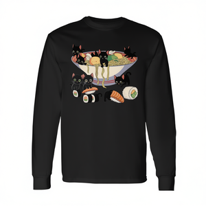 T-Shirt a Maniche Lunghe con Gatto Giapponese che Mangia Ramen e Sushi, Personalizzabile, Promozionale - Product Image 2