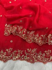 Sari de Chifón Rojo de Estilo Bollywood Indio, el Más Vendido, Ropa Étnica Elegante, Blusa de Última Moda para Exportación, Exclusiva para Fiestas y Bodas - Product Image 5