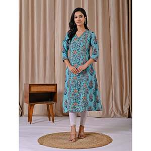 Sea Blue <b>Block</b> <b>Printed</b> Cotton Straight Fit Kurti Indian Ethnic Wear for Ladies and Girls for Special Occasions Stitched Style - Product Image 4