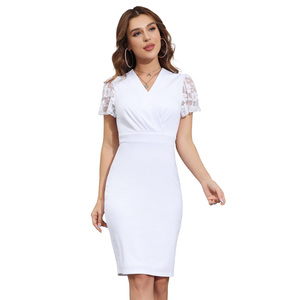 Abiti da ufficio in pizzo aderente in vita a maniche corte con scollo a v a manica corta OEM Surplice - Product Image 1