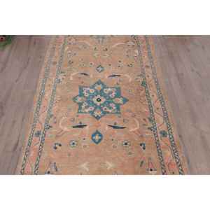 Alfombra Turca Vintage, Alfombra de 3.8x10 pies, Alfombra de Lana con Diseño Floral Marrón y Azul - Product Image 3