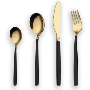 Stainless Steel Set Of 6 Flatware <b>Used</b> In Kitchenware Tabletop Cafe Home Goold Color Plated Cutlery Black Color Round Handle - Product Image 2