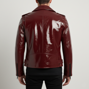 Blouson Moto Rouge Cerise Brillant avec Accents Noirs – Blouson Biker Rouge Verni Designer Ultra Brillant - Product Image 5