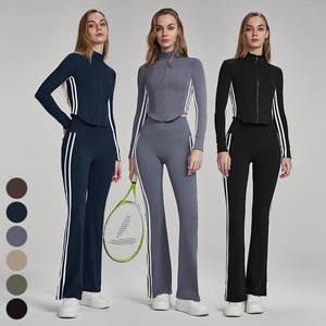 Femmes respirant sport pleine fermeture éclair vestes avant Yoga évasé Leggings deux pièces vêtements de sport vêtements d'entraînement ensemble de survêtement - Product Image 2