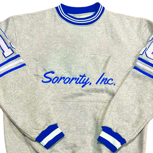 Sweat-shirts en chenille à manches longues imprimés décontractés bleu royal et blanc, col rond, délavage acide, lettrage brodé, sororité, fraternité - Product Image 2