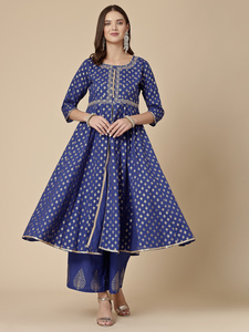 Ensemble Kurta pour femmes, tendance, bleu uni, 100% coton, broderie, avec pantalon palazzo et dupatta, tenue élégante décontractée - Product Image 2