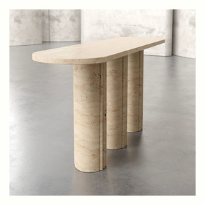 Table à manger extérieure en travertin naturel de qualité supérieure, table ronde moderne pour 6 personnes, meubles en pierre pour usage extérieur - Product Image 1