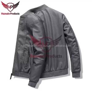 Blouson bombardier en cuir d'agneau véritable gris et noir élégant pour hommes pour l'hiver personnalisé en gros - Product Image 3