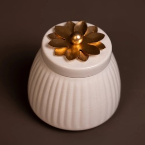 White Ribbed Metal Jar with Gold Floral Lid Elegant Decorative <b>Storage</b> <b>Container</b> for Home & Gifting At Manufacturer Price - Product Image 5