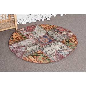 Tapis Patchwork en Laine Rustique Classique Beige Orange Fait à la Main 3.4X3.3 pieds pour Entrée Chambre Couloir-Peluche Pile Rectangle Latex - Product Image 2