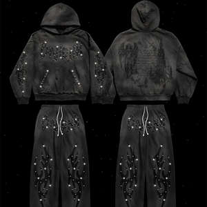 Survêtement pour homme en coton 100% personnalisé OEM, respirant, vintage, délavé à l'acide, patchwork, streetwear, jogging, survêtement, sweat à capuche avec strass - Product Image 1