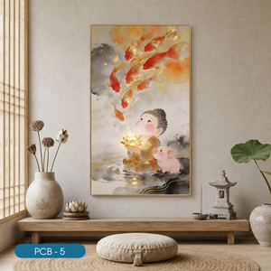 Buda con Pez Dorado y Loto, Impresión en Lienzo Hecha a Mano con Tela de Seda, PCB-5, Arte Religioso Moderno, Decoración de Interiores, Marca HALO - Product Image 5