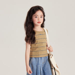 เสื้อยืด F-ribbed 100% ลายทางแขนกุดผ้าฝ้ายคอตตอนสไตล์ลำลองสำหรับฤดูร้อนเสื้อโปโลเด็กผู้หญิง ST493 - Product Image 4