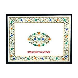 Rectangular Shape <b>Table</b> Top <b>for</b> Kitchen Use Standard Quality White Marble Inlay <b>Work</b> Blue Flower Design <b>Table</b> Top Handmade Items - Product Image 1